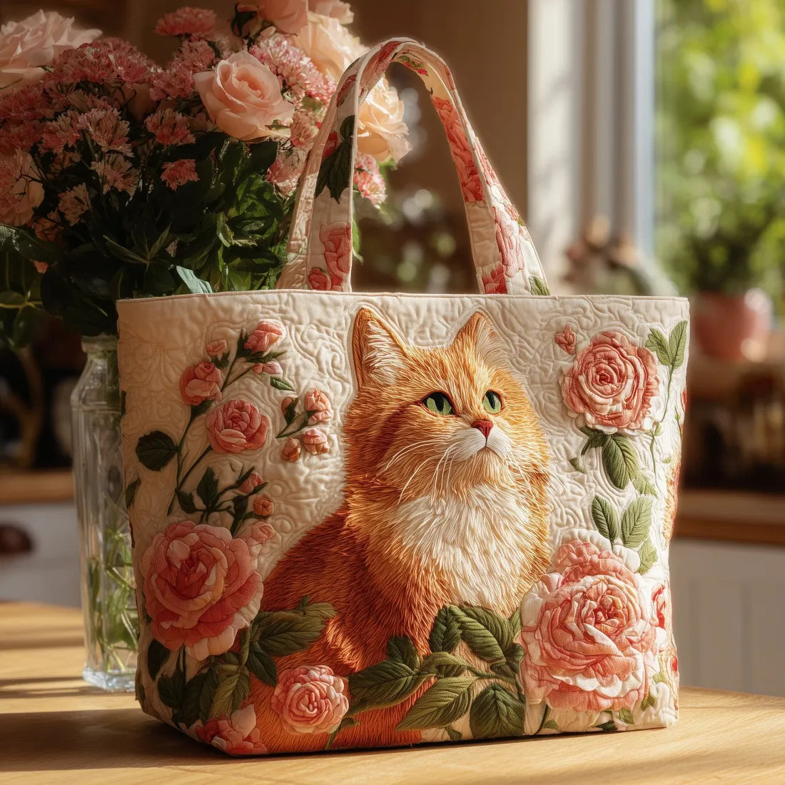 Handcrafted Chat Roux Bag with Pink Roses