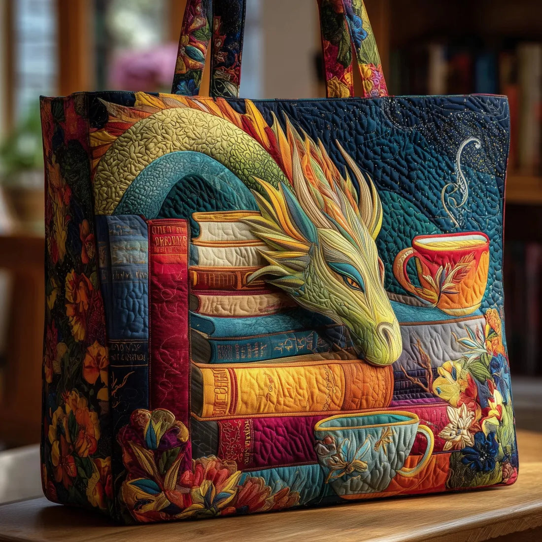Handmade Dragon Bag with Books and Mugs