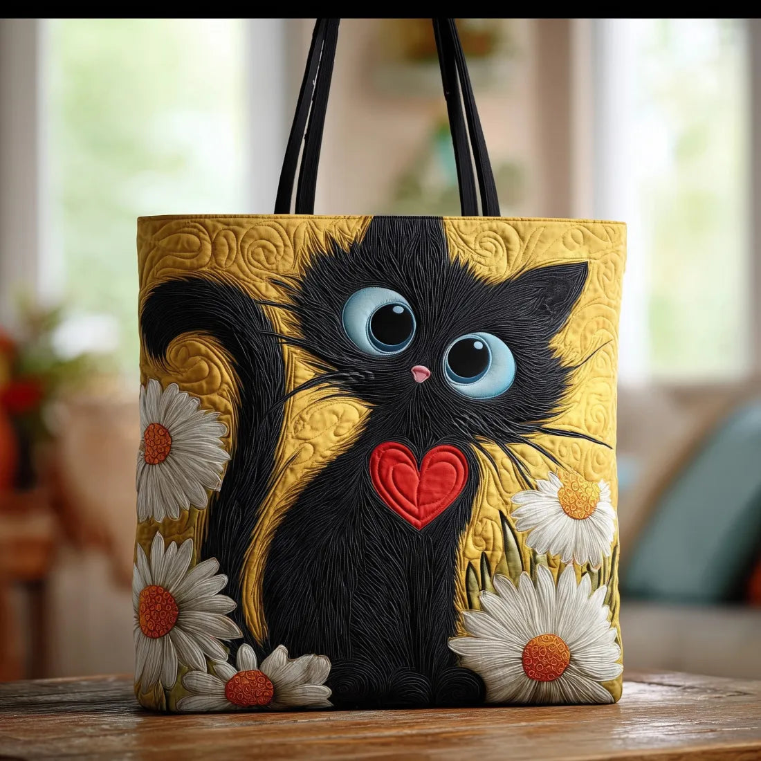 Handcrafted Chat Noir Bag with Heart and Daisies