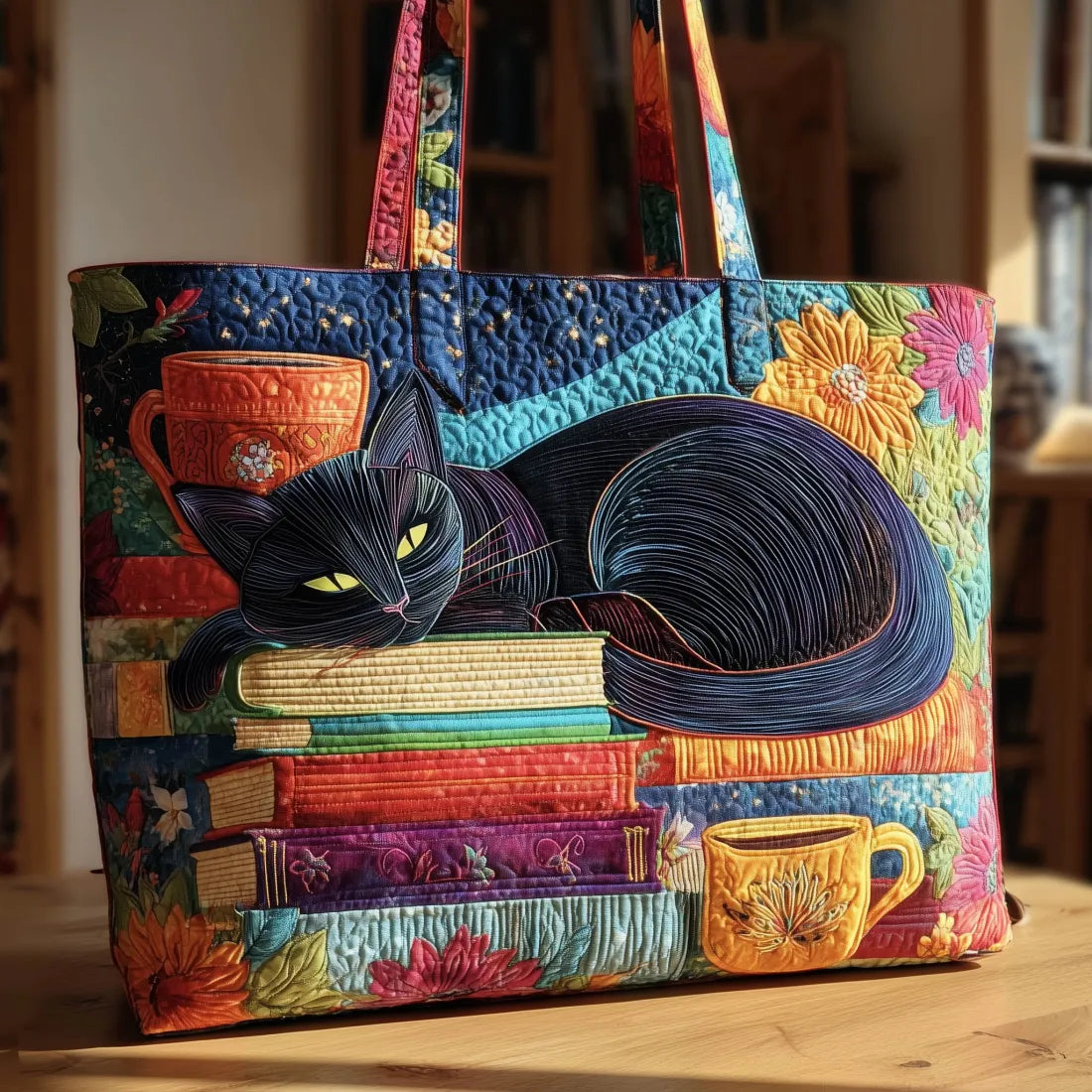 Handcrafted Chat Noir Bag with Books and Mugs
